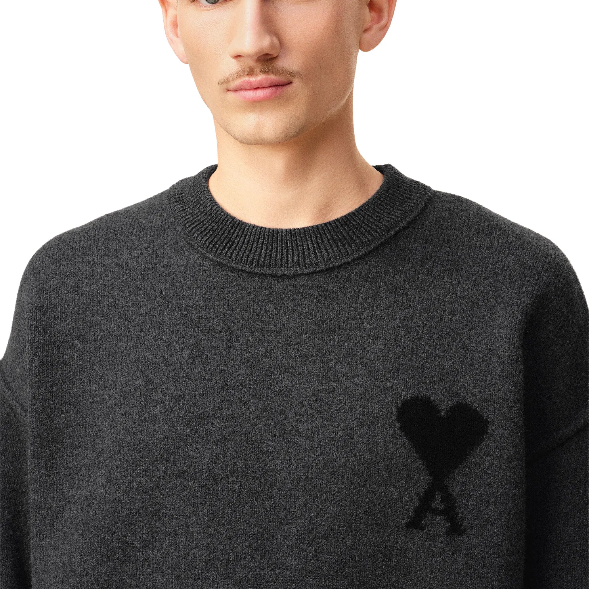 Detailed View of Ami Paris Ami De Coeur Wool Heather Grey Black Crewneck Sweater UKS838-018-0504